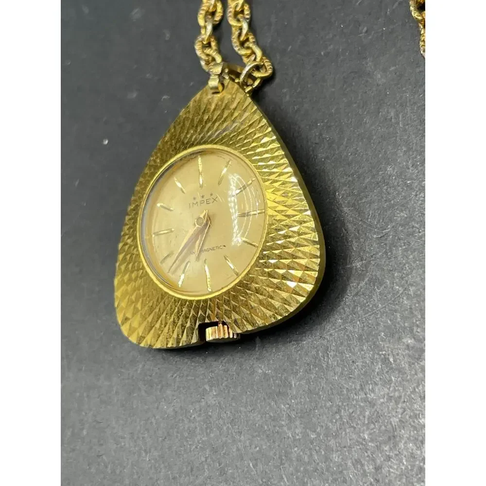 Vtg Impex Mechanical Wind Up Necklace Pendant Watch Gold Tone Swiss Made 30mm